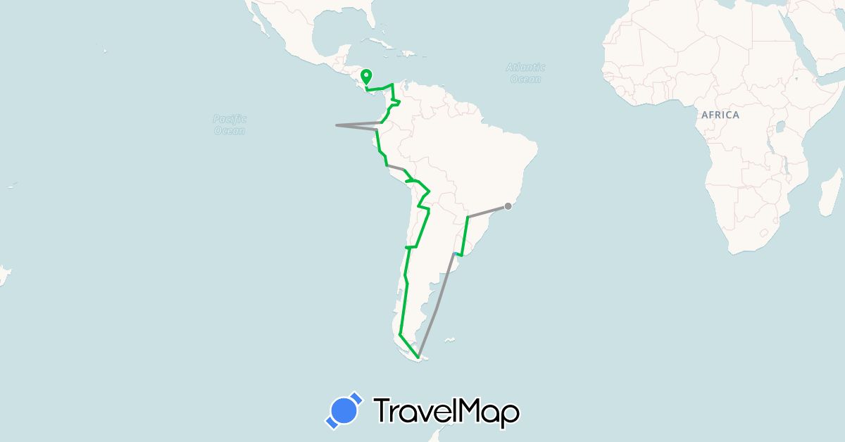 TravelMap itinerary: driving, bus, plane, boat in Argentina, Bolivia, Brazil, Chile, Colombia, Costa Rica, Ecuador, Panama, Peru, Uruguay (North America, South America)